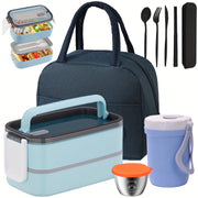 60oz 2 layers Multi grid Lunch Box with Sauce Box, Soup Cup, Cutlery, and Insulated Bag. Lunch Box Set.